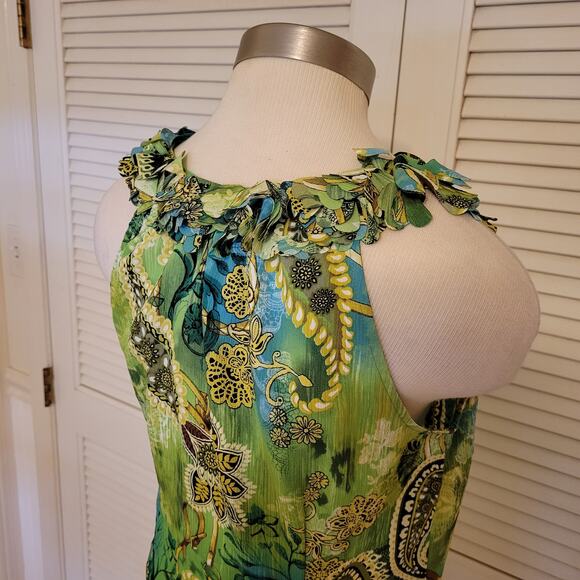 Inois Y2K Ruffle Neck Paisley Sleeveless Blouse Green Size Small - Picture 4 of 8